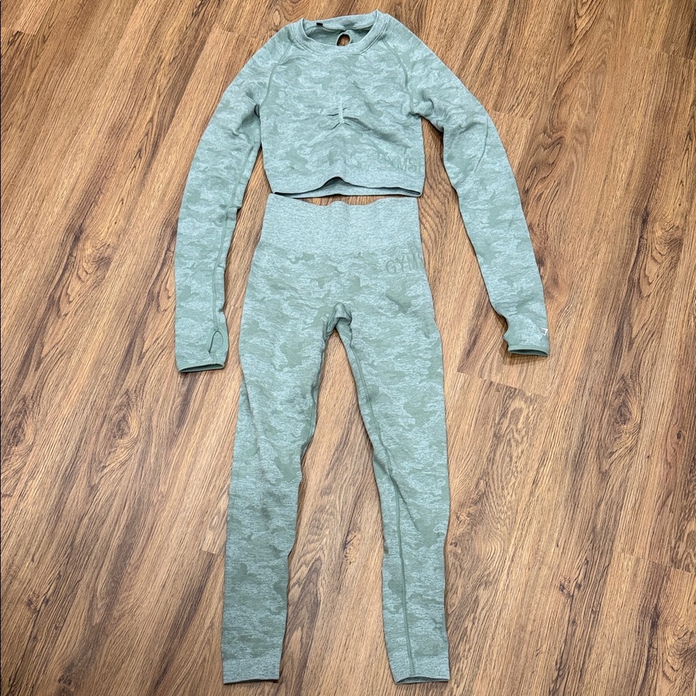 Gymshark green Camo Long Sleeve Crop Top and Leggings Set